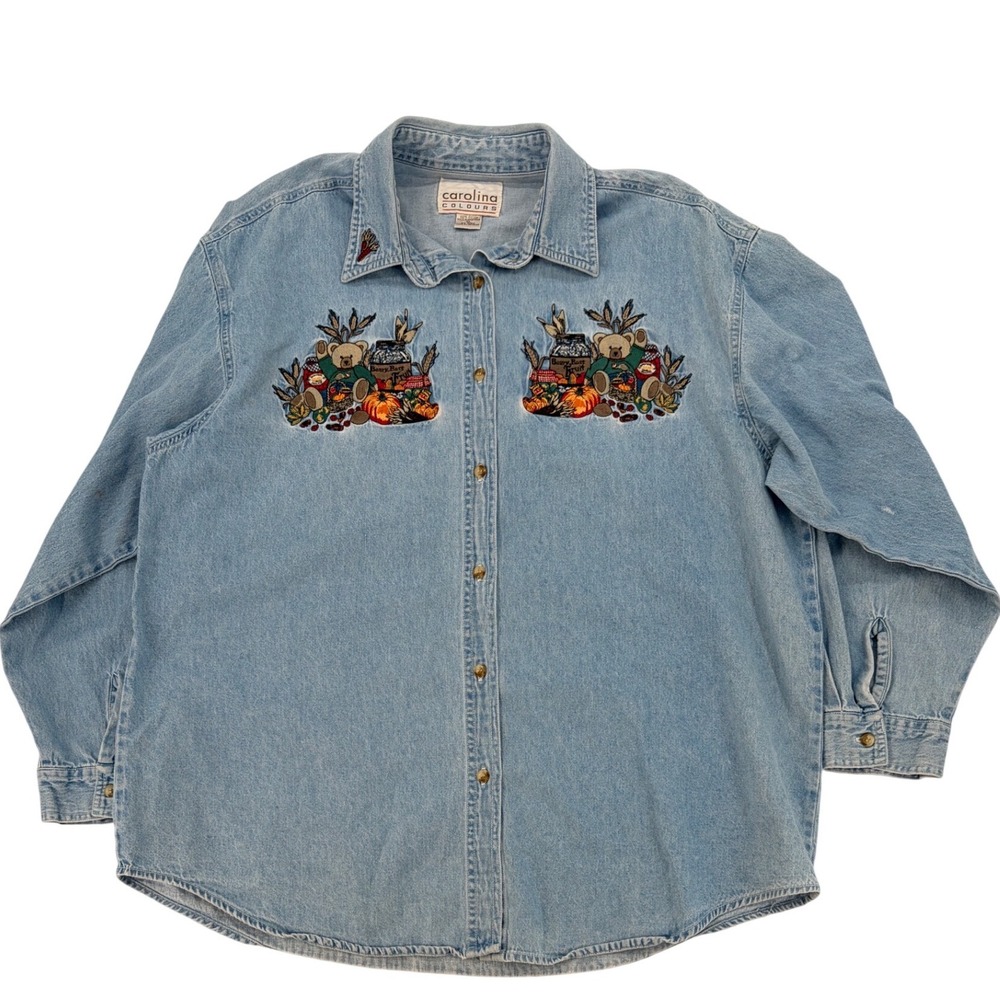 Carolina Colours Denim Shirt XL Blue Harvest Bear Embroidery Vintage Boho Retro